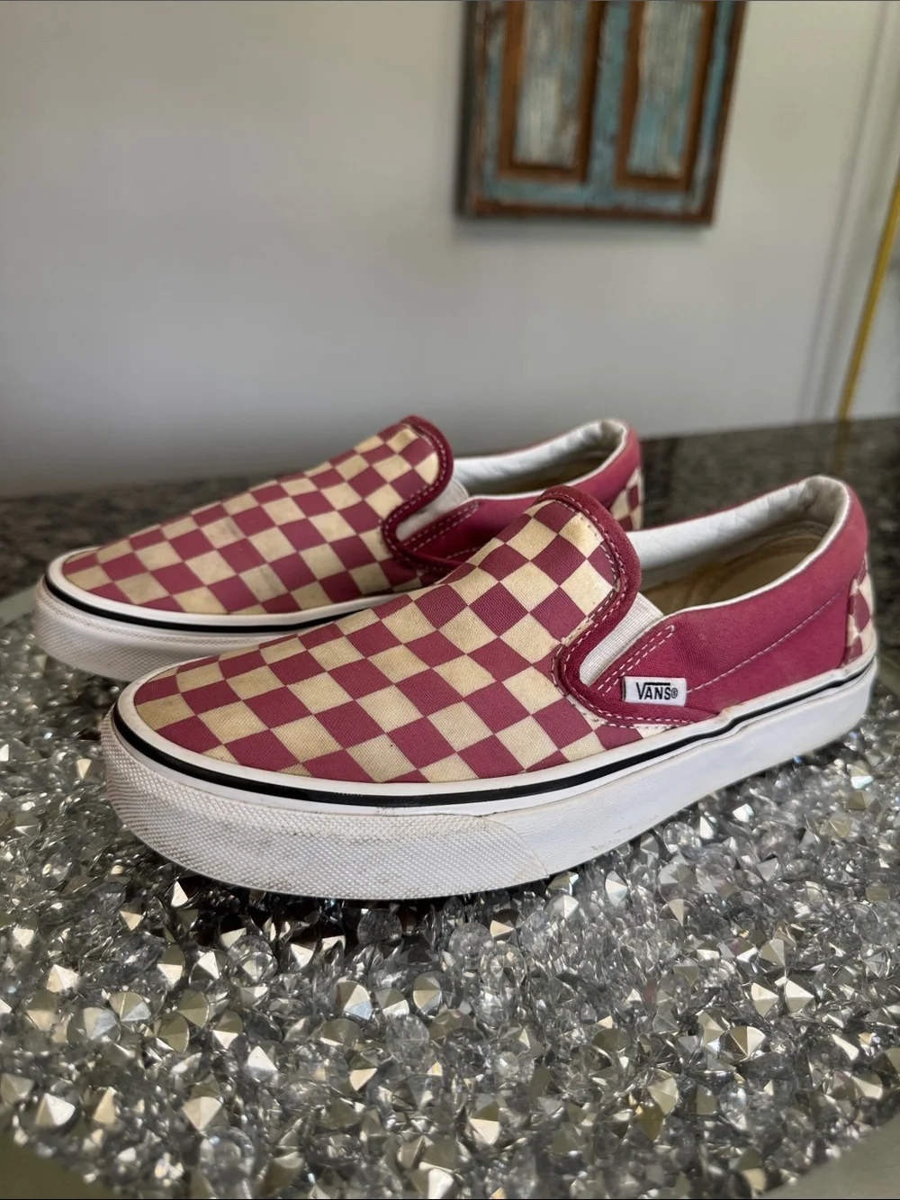 Vans Slip-On Checkerboard Pink and Cream Canvas Loafers